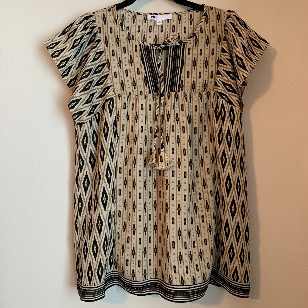 DR2 by Daniel Rainn Brown Patterned Blouse
